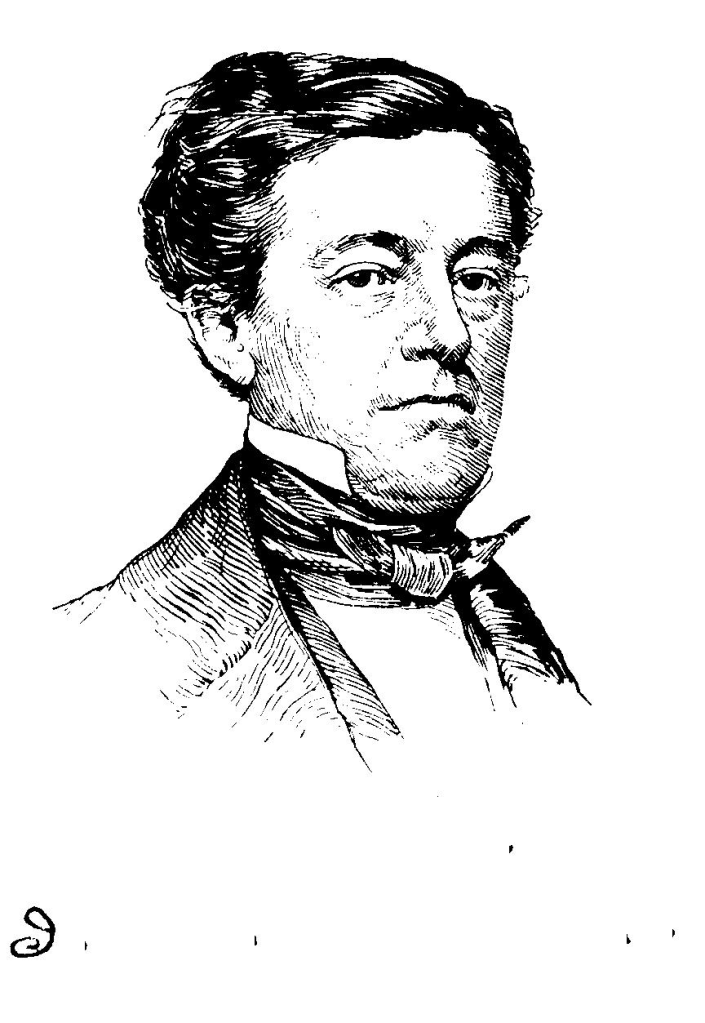 Black and white illustration of a man with a serious expression, wearing a formal suit and bow tie.